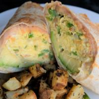 Breakfast Burrito · Flour tortilla filled with 2 scrambled eggs, Mexican rice, refried beans, sour cream, melted...
