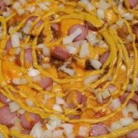Medium New Coney Dog Pizza · Pizza baked with National Coney Island chili, cheddar cheese sauce, Dearborn hot dogs with o...