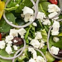 It'S Greek To Me! Salad · Hearts of Romaine, Baby Spinach, Red Onions, Kalamata Olives, Feta Cheese, Cherry Tomatoes, ...