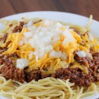 Dads Coney’S Spaghetti · Spaghetti covered with Dads Coney Sauce melted cheddar cheese and diced onions