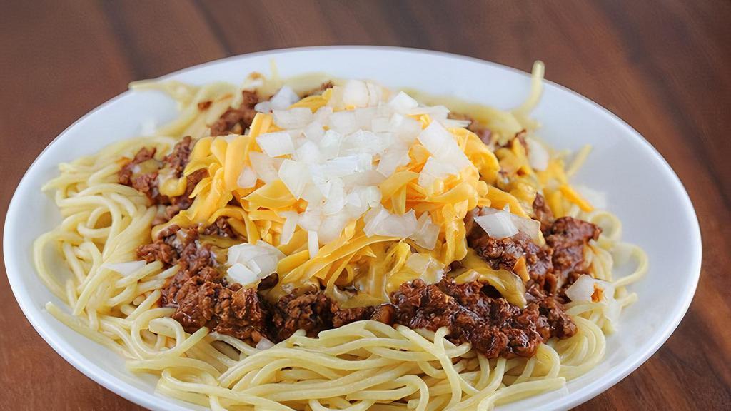 Dads Coney’S Spaghetti · Spaghetti covered with Dads Coney Sauce melted cheddar cheese and diced onions