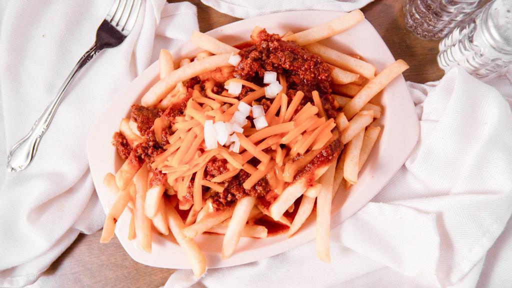 Dads Coney’S Fries · Seasoned fries covered with Dads Coney’s sauce, Cheddar and diced onions.