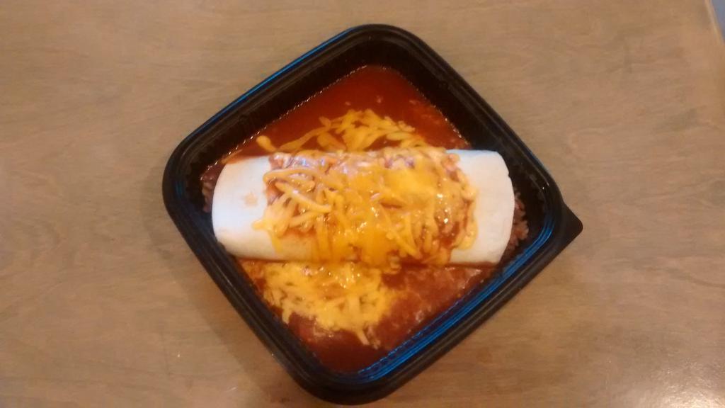 Smothered  Loose Beef Wrap · Loose Beef Wrap covered with Enchilada Sauce and Cheese