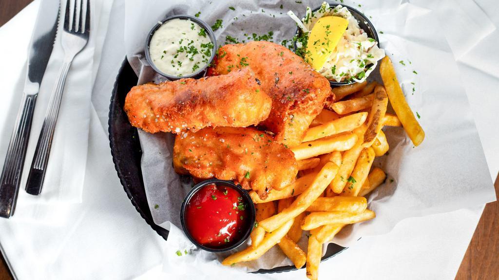 Tavern Fish & Chips · Three pieces of beer-battered North Atlantic cod, fries, creamy slaw, tartar sauce.