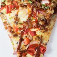 Bbq Pulled Pork Slice · Honey BBQ sauce topped with pulled pork,bacon, roasted red peppers, sweet red onions and cil...