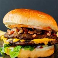 Bacon Double Steakburger · Two 6 oz. juicy steak burger with American cheese and bacon, topped with our regular burger ...