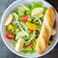 Garden Salad · Hearts of romaine, tomato, sweet red onion, cucumber, boiled egg and pepperoncini. Served wi...
