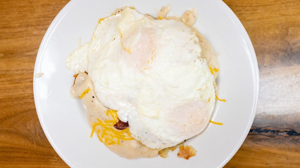 Olympic Mama Bowl  · Best seller! Made from scratch! Home fries, bacon, Cheddar cheese, a biscuit, country gravy & two eggs any style.