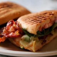 Gi Blt · Avocado, bacon, Muenster cheese, romaine, tomato, mayo on basil ciabatta (panini pressed)