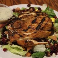Grilled Chicken Pecan Salad · Kinda Healthy.  Mixed greens, candied pecans, bacon, tomatoes, cranberries, sliced egg, and ...