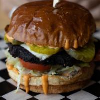 Black Bean Burger · House made Spicy Mayo, Lettuce, Tomatoes, Pickles, Swiss Cheese