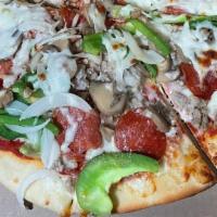 Works Pizza · Pepperoni, sausage, green peppers, onions, mushrooms.