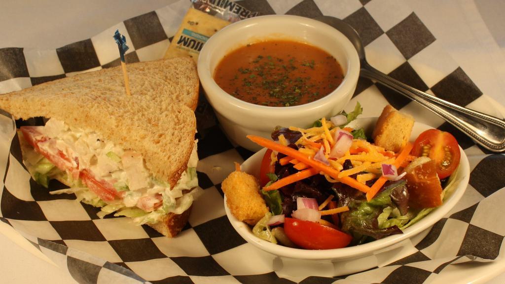 Cap City Trio · Half of a house made chicken salad sandwich, your choice of a cup of soup, and a diner salad.