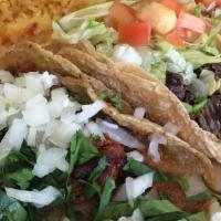 Taco Dinner · Three soft or hard tacos with your choice of filling. Served with rice and beans. Taco dinne...