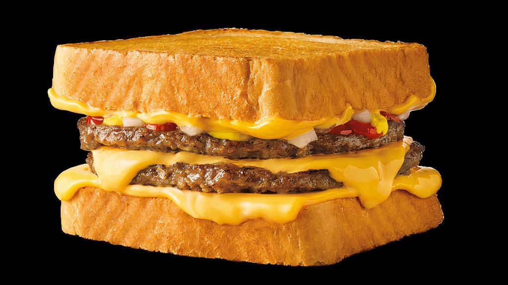 Grilled Cheese Double Burger · SONIC’s famous grilled cheese sandwich on thick Texas Toast, featuring three slices of melty cheese layered with two perfectly seasoned 100% pure beef patties, mustard, ketchup, and diced onions.