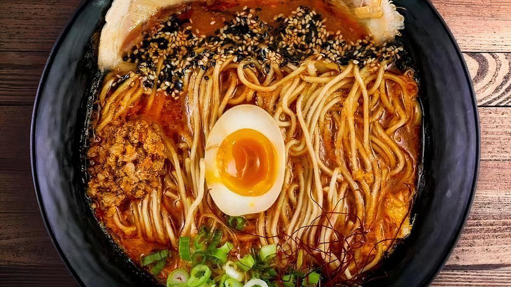 Red Dragon Ramen · Hands down, our spiciest ramen! Chicken bone broth thickened with egg and topped with sliced pork belly and minced chili pork. Please choose your preference of one, two or three levels of spiciness.