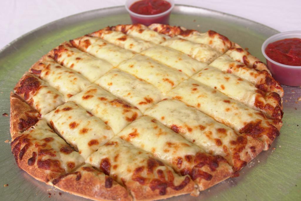Italian Cheese Bread · Delicious Garlic Flavor topped with golden browned Mozzarella Cheese. Made like a thick crust pizza complete with a cup of Sauce for dipping.