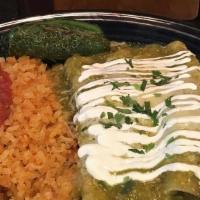 D -Enchiladas Verdes · three soft corn tortillas rolled and filled with ground beef, chicken, or cheese topped with...