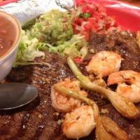 Carne Asada Con Camarones · shrimp served with choice or grilled sirloin steak or marinated chicken