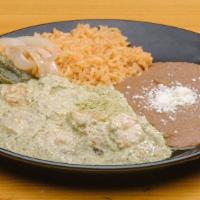 Camarones Culichi · Gluten-free. Another Sinaloa state dish! Twelve large shrimp sautéed in a roasted poblano pe...
