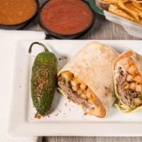 California Burrito · Stuffed with beans, meat of choice, cheddar cheese, guacamole, sour cream and French fries.