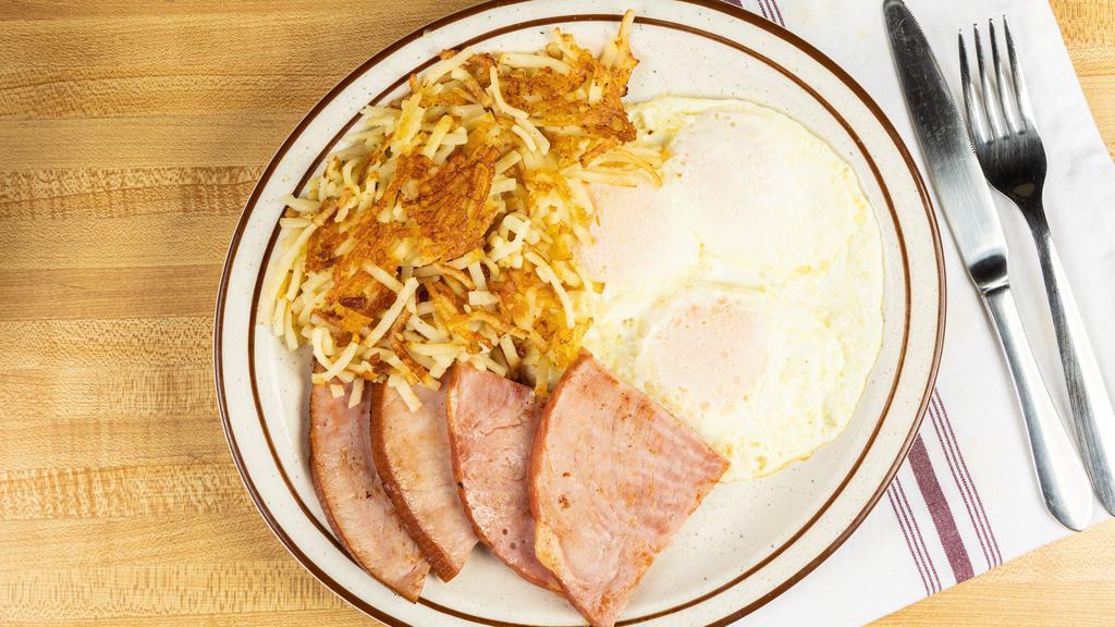 Country Eggs · 3  eggs, your style choice of bacon, ham or sausage.