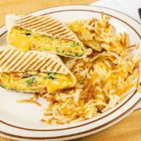 Ktown Breakfast Wrap · 4 Fresh eggs, sautéed onions, green peppers, sausage, bacon and cheddar cheese wrapped in a ...