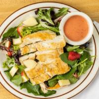 Chicken Apple Salad · Grilled chicken breast, sliced apple, pear, strawberries and pecans with strawberry vinaigre...