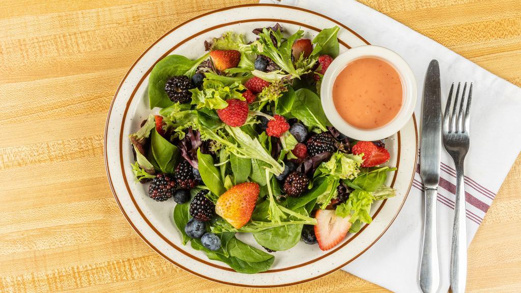 Berry Chicken Salad · Grilled chicken breast, raspberries, blueberries, and strawberries with blue cheese and poppy seed vinaigrette.