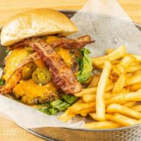 Jalapeno  Popper  Burger · 1/2 Pound  Burger with Jalapeno  poppers cheddar  cheese  and Bacon