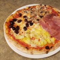 Quattro Stagioni · Tomato sauce, mozzarella, mushrooms, artichokes, olives*, prosciutto (sections)