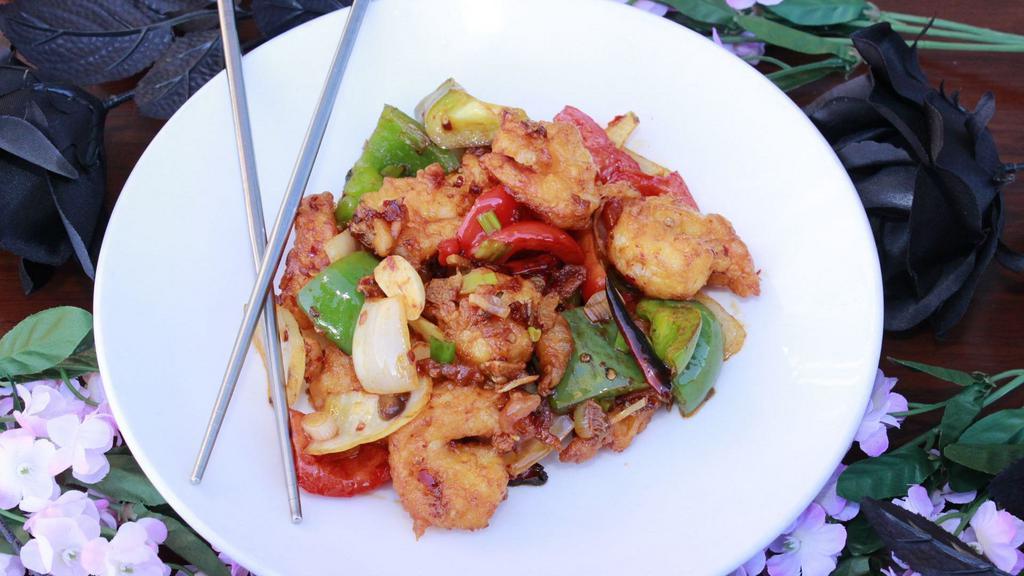 Lazi Shrimp · Shrimp, bell peppers, onions, ginger, garlic and szechuan sauce.