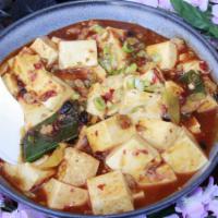 Spicy Ma Po Tofu · Silken Tofu, minced pork, leek & Szechuan black bean sauce