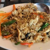 Curry Fried Rice (Gf) · Choice of Protein. Tomato, carrot, onion, and egg. Topped with cashews and fried shallots.