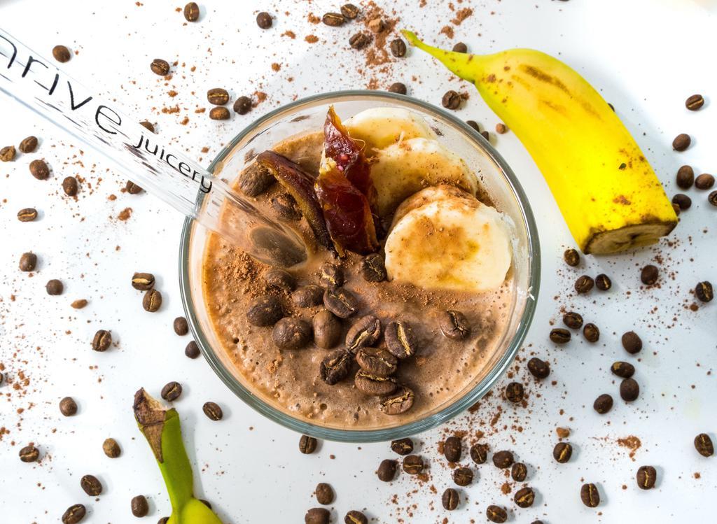 Morning Coffee · Hyperion cold brew coffee, date, almond butter°, banana, cacao powder, plant based protein powder, unsweetened almond milk°.