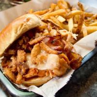 Jive Turkey Sandwich · House Smoked Pulled Turkey, BBQ Sauce, Provolone Cheese ,Fried Onion Strings,Bacon