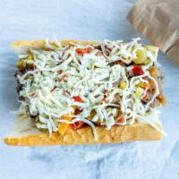 Italian Beef · On french bread with sweet peppers hot giardiniera mozzarella cheese and homemade potato chi...