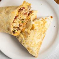 Breakfast Burrito · Cheddar cheese, grilled onions and peppers, hashbrowns, scrambled eggs and choice of ham, ba...