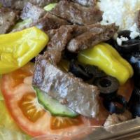 Gyro Greek Salad · Marinated grilled gyro meat, lettuce, tomatoes, beets, onions, pepperoncini, olives, cucumbe...