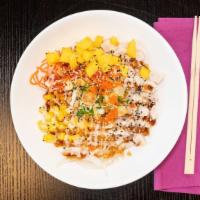 Teriyaki Chicken (Cooked) · Grilled chicken, sweet onion, carrots, corn, scallion, sesame seed, onion crisps, masago, di...