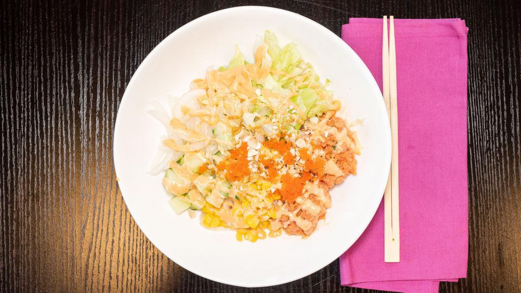 Spicy Ahi (Raw) · Spicy. Spicy tuna lettuce, sweet onion, cucumber, corn, onion crisps, cashew nuts, masago, spicy mayo.

Consuming raw or undercooked meats, poultry, seafood, shellfish, or eggs may increase 
your risk of foodborne illness, especially if you have certain medical conditions.
