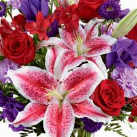 Ftd Stunning Beauty Bouquet #4839D · An irresistible combination of garden fresh flowers in striking red and purple hues with ros...