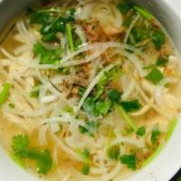 Chicken Pho · White and dark meat chicken simmered in chicken broth. Then poured over rice noodles, onion ...