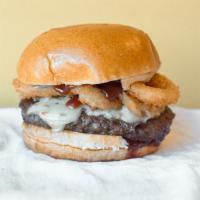 Bbq Burger · Choice of protein (1/2 pound Angus patty, chicken breast or chipotle black bean patty) + Oni...
