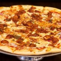 Barbeque Chicken Pizza · BBQ sauce, mozzarella, red onions & BBQ chicken.
