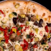Grilled Veggie Pizza · Grilled zucchini, , grilled Portobello mushrooms, grilled onions & grilled red peppers.