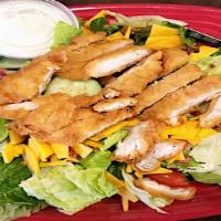 Crispy Chicken Salad · lettuce tomato cucumbers bacon chicken tender cheddar cheese