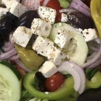 Greek Salad · Mixed greens, ripe cherry tomatoes, cucumbers, red onions, bell peppers, pepperoncini pepper...