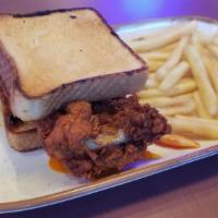 Hot Chix · Nashville hot fried chicken, chow chow, shredded kale, texas toast.