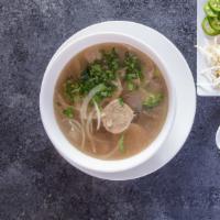 Beef Pho  · Ground beef, sliced beef, beef ball, onion, cilantro served with jalapeno, basil leaf, lime,...
